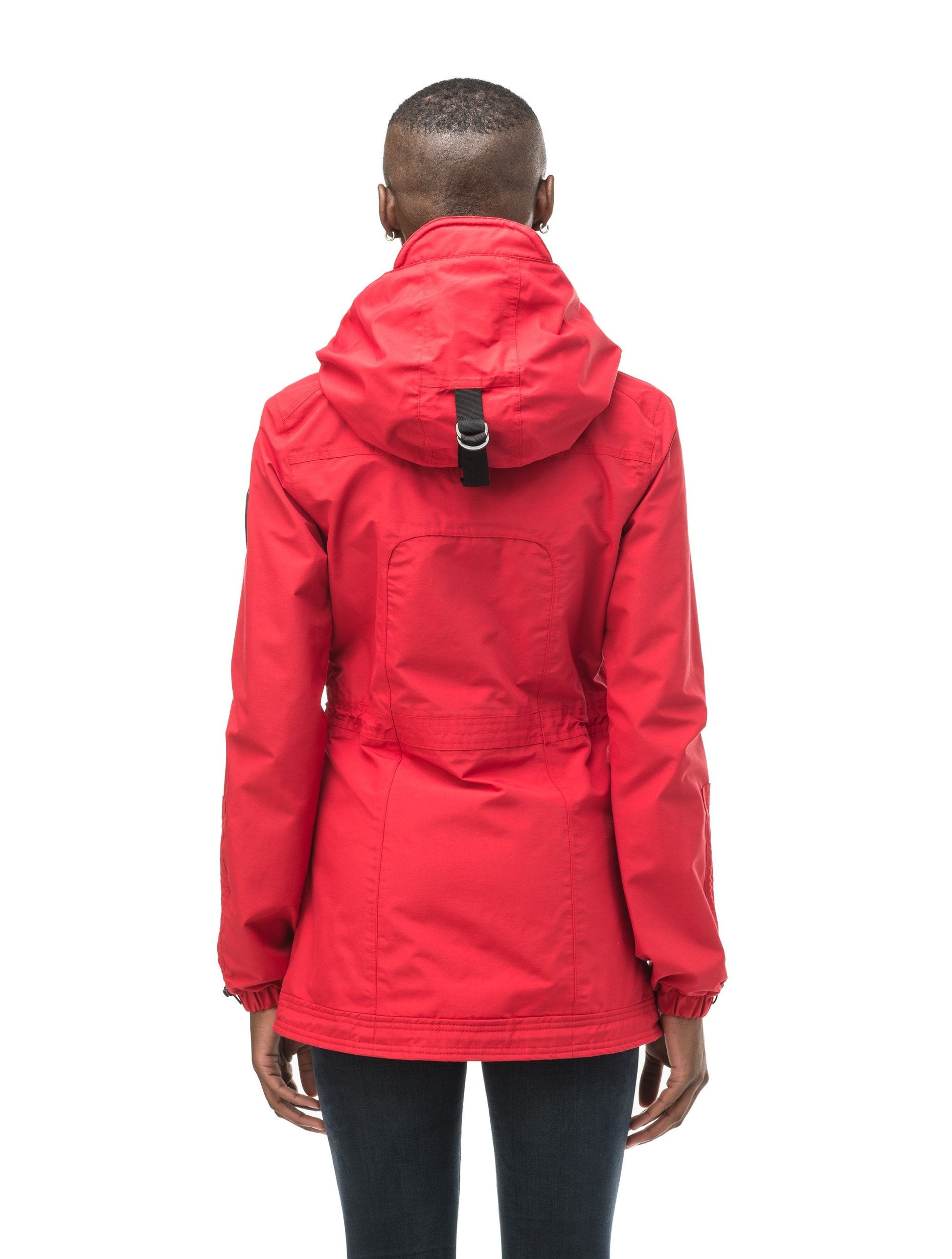 Women's hooded shirt jacket with four front pockets and adjustable waist in Red