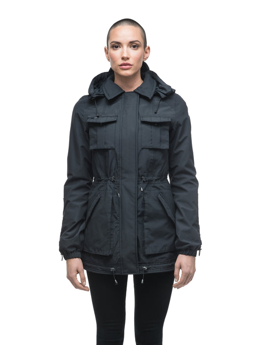 Women's hooded shirt jacket with four front pockets and adjustable waist in Black + Black