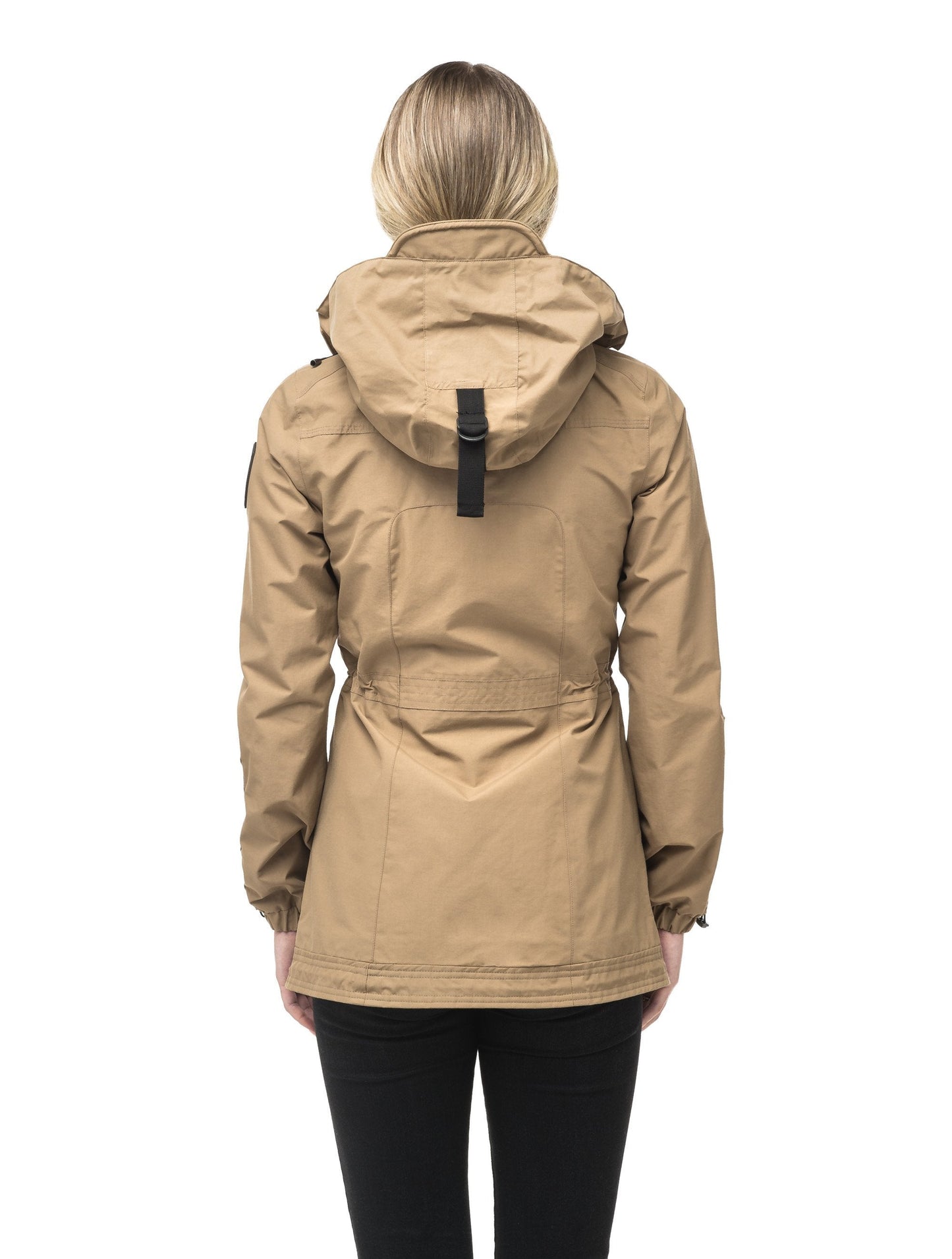 Women's hooded shirt jacket with four front pockets and adjustable waist in Tan