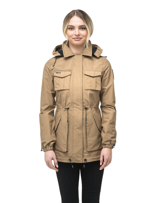 Women's hooded shirt jacket with four front pockets and adjustable waist in Tan