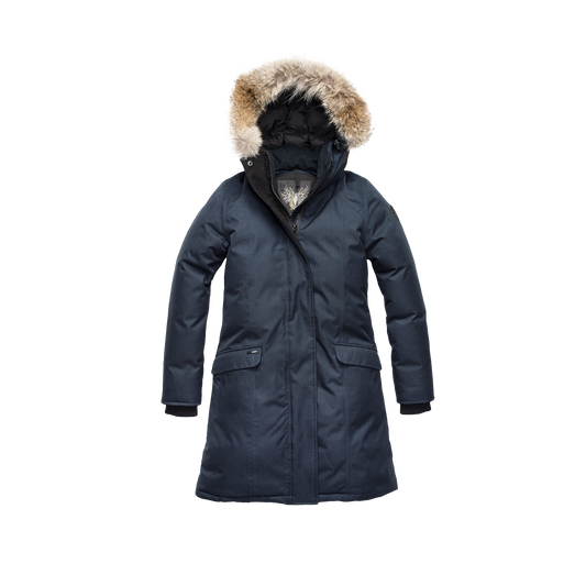 Rebecca Women's Parka in knee length, Canadian duck down insulation, two-way zipper with magnetic front placket, non-removable hood with removable coyote fur trim, in Navy + Navy
