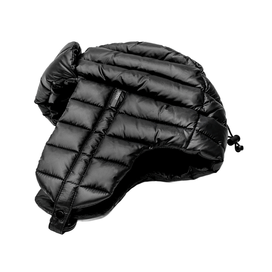 Unisex down-filled quilted fargo hat with adjustable chin strap in Black + Black