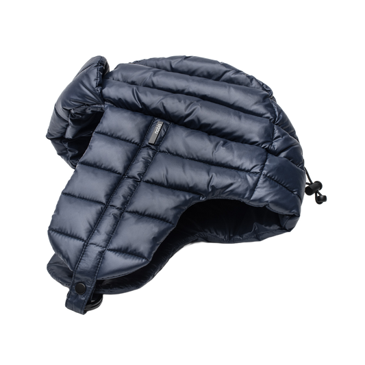 Unisex down-filled quilted fargo hat with adjustable chin strap in Marine + Marine