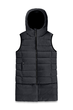 Saratoga puffer vest in Black insulated with Canadian white duck down, featuring stretch nylon ribbing for mobility, hidden waist drawcord, and a tailored fit for warmth and style. Lightweight and ideal for layering.