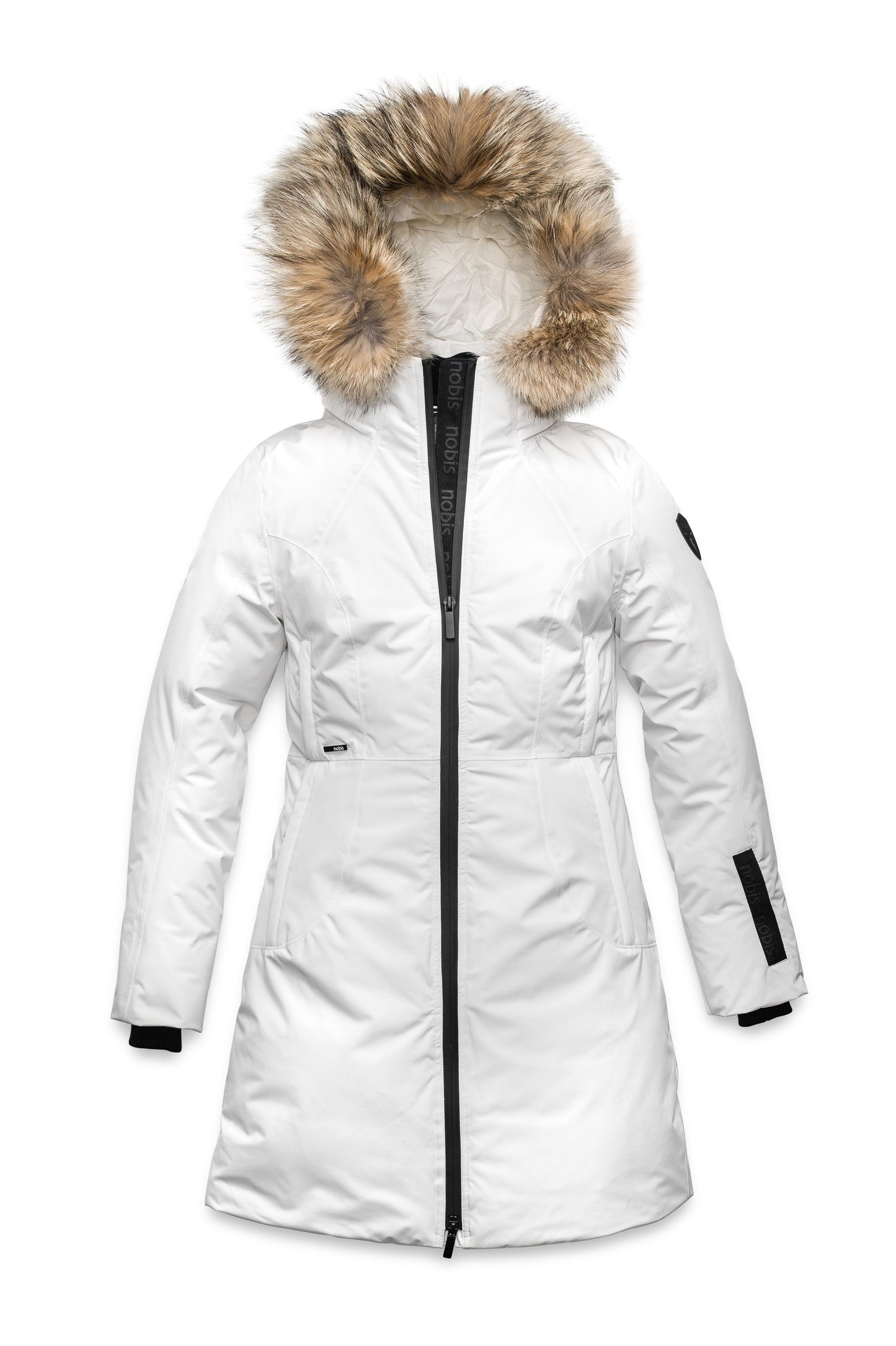 Ladies thigh length down-filled parka with non-removable hood and removable coyote fur trim in Chalk