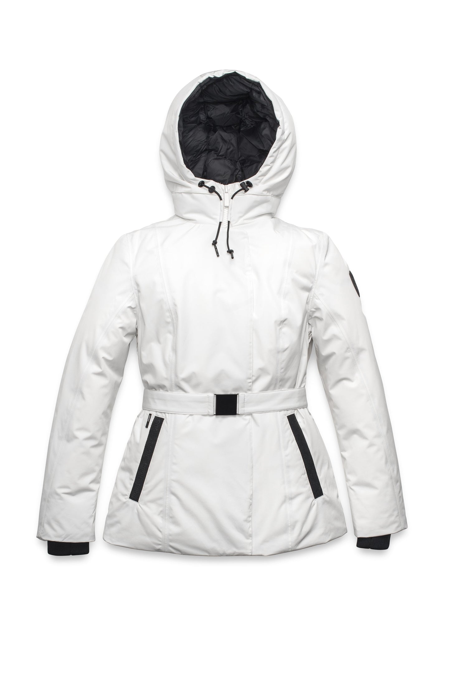 Ladies hip length down-filled parka with non-removable hood and adjustable belt in Chalk