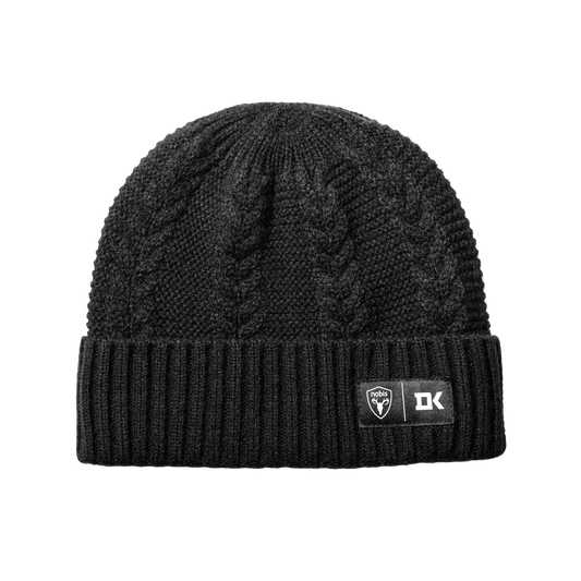 Duncan Keith x Nobis Unisex Cable Knit Beanie with cable stitched crown, two by two rib knit cuff, with co-branding label that features Keith's initials on cuff, in Black + Black