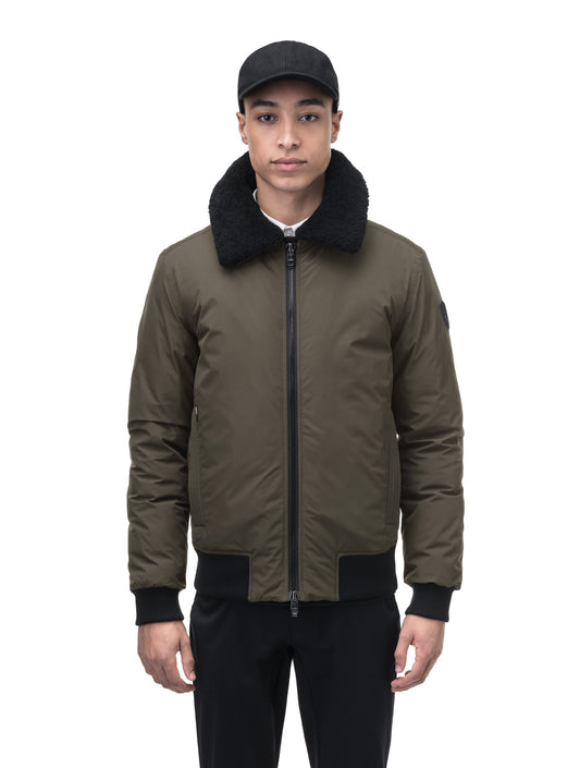 Sonar Men's Aviator Jacket in hip length, Canadian duck down insulation, removable shearling collar with hidden tuckable hood, and two-way front zipper, in Fatigue + Fatigue