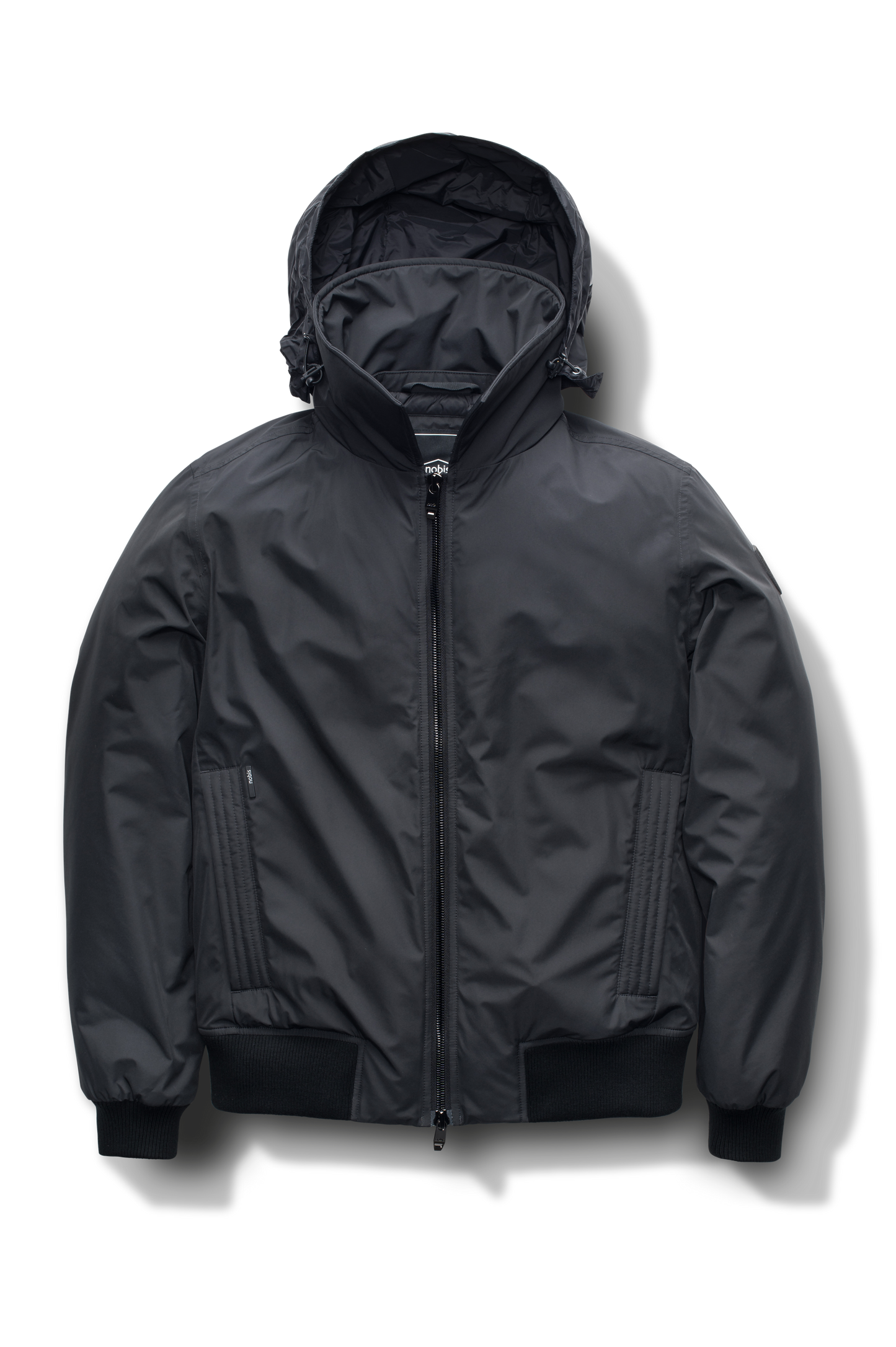 Sonar Men's Aviator Jacket in hip length, Canadian duck down insulation, removable shearling collar with hidden tuckable hood, and two-way front zipper, in Black