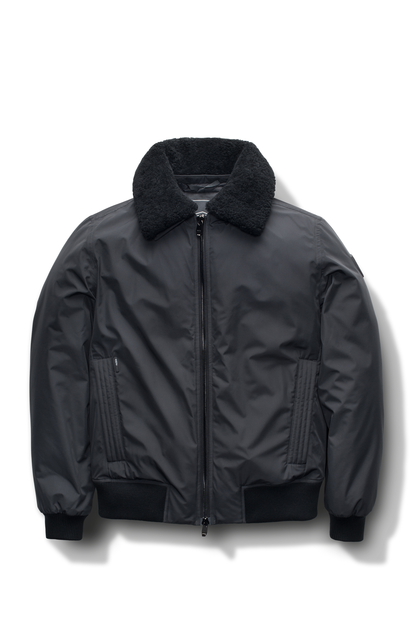 Sonar Men's Aviator Jacket in hip length, Canadian duck down insulation, removable shearling collar with hidden tuckable hood, and two-way front zipper, in Black