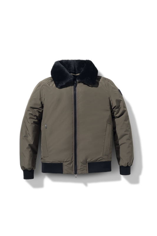 Sonar Men's Aviator Jacket in hip length, Canadian duck down insulation, removable shearling collar with hidden tuckable hood, and two-way front zipper, in Fatigue