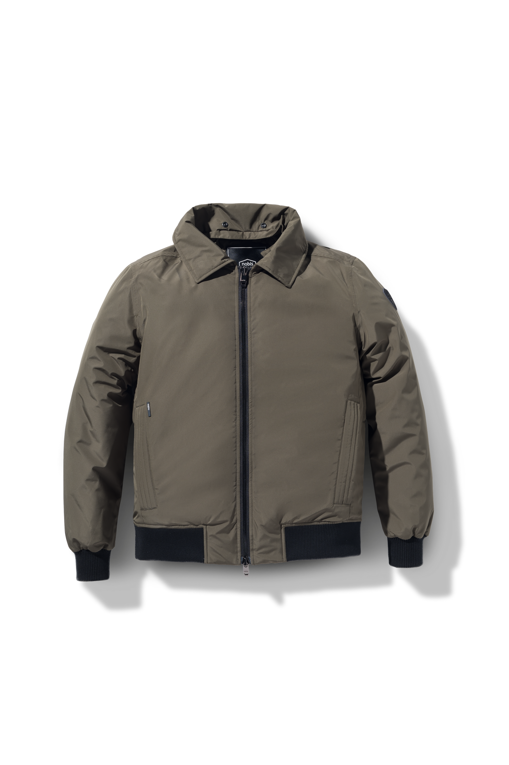 Sonar Men's Aviator Jacket in hip length, Canadian duck down insulation, removable shearling collar with hidden tuckable hood, and two-way front zipper, in Fatigue