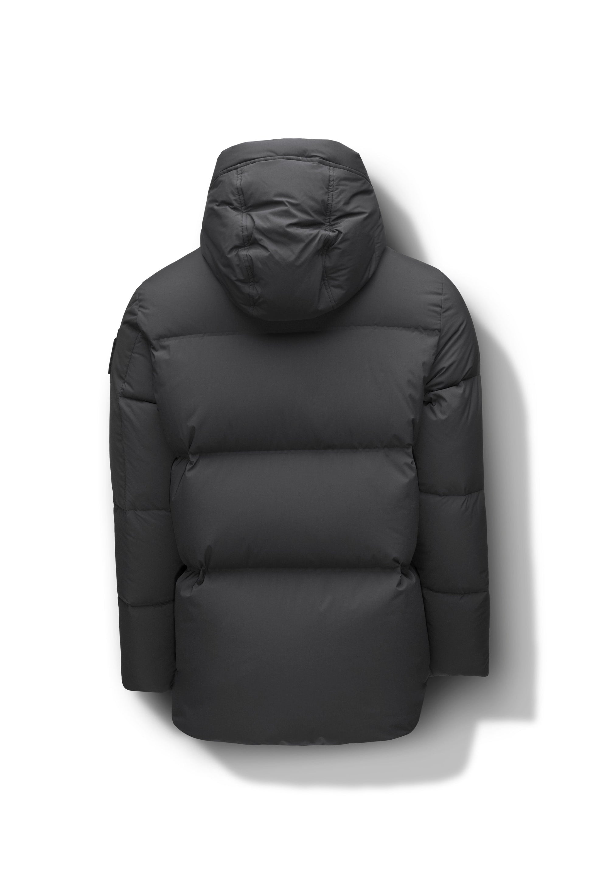 Supra Men's Performance Puffer in hip length, Technical Taffeta and 3-Ply Micro Denier fabrication, Premium Canadian White Duck Down insulation, non-removable down filled hood, centre front two-way zipper, flap pockets at waist, and zipper pocket at left bicep, in Black