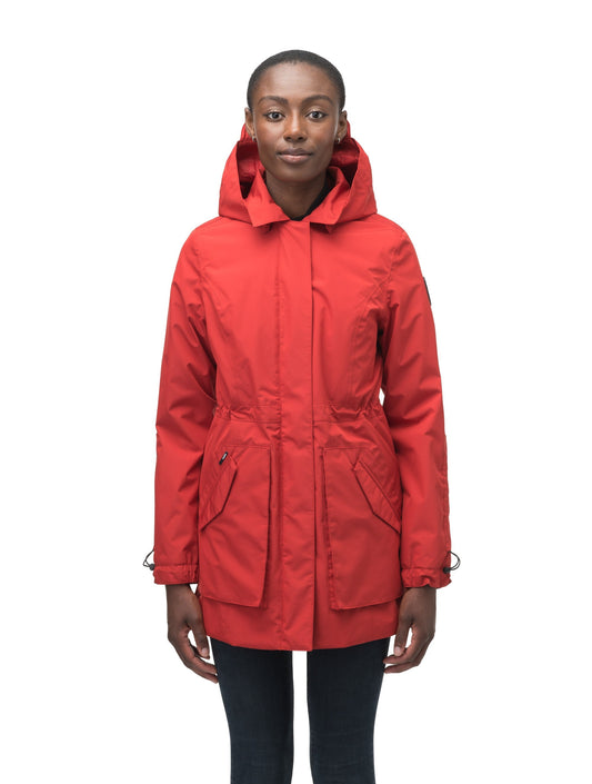 Women's thigh length raincoat with collar and non-removable hood in Vermillion + Vermillion / XS