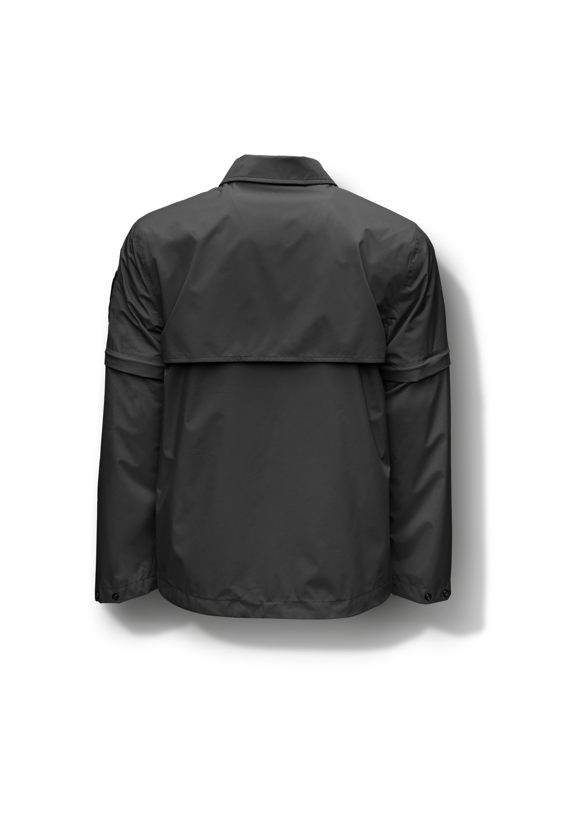 Thurlow Men's Performance Zip Off Sleeve Rain Shirt in hip length, convertible collar, patch chest zipper pockets, hidden in-seam pockets, zip off sleeves, centre front two-way zipper closure, in Black