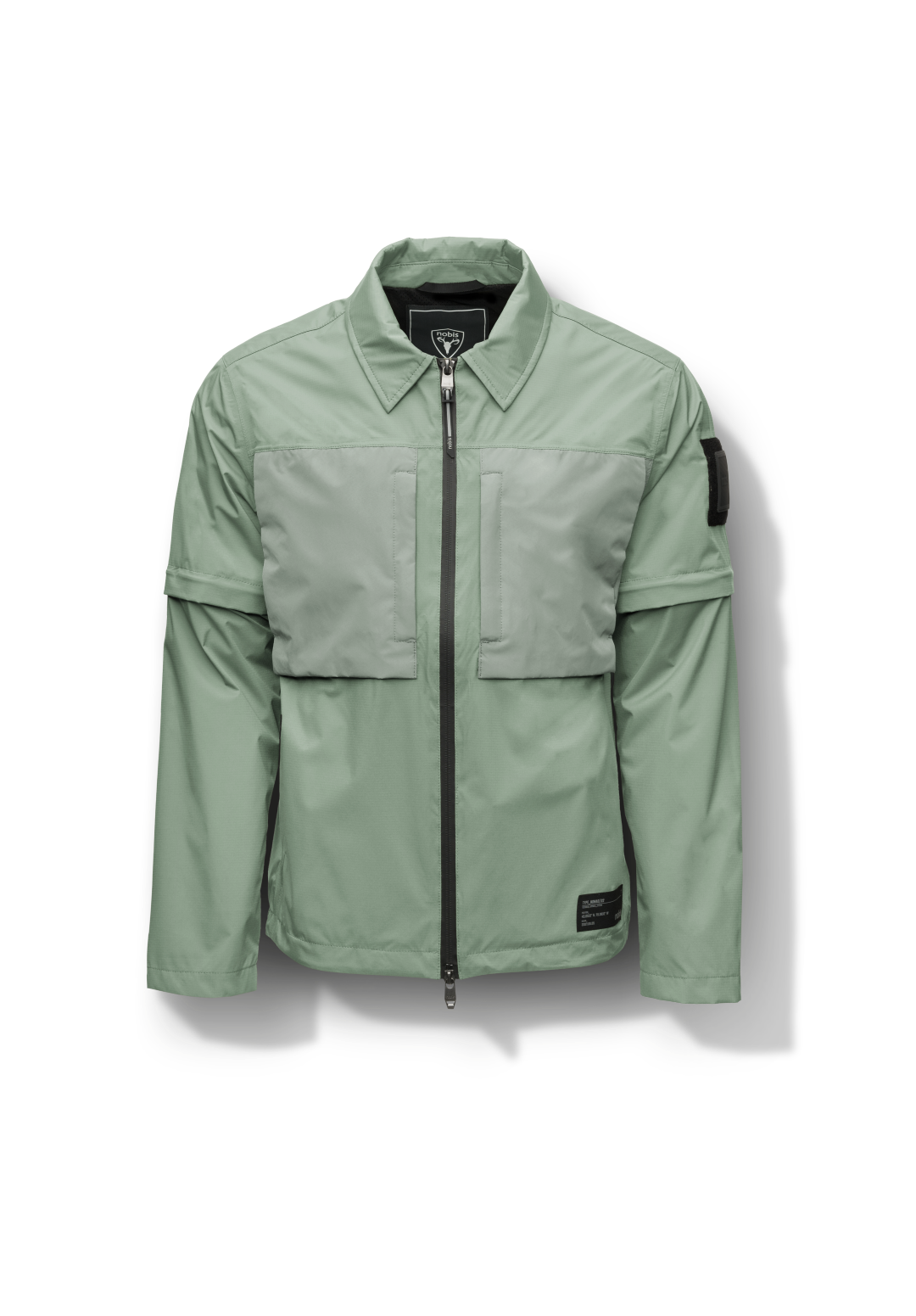 Thurlow Men's Performance Zip Off Sleeve Rain Shirt in hip length, convertible collar, patch chest zipper pockets, hidden in-seam pockets, zip off sleeves, centre front two-way zipper closure, in Duck Green