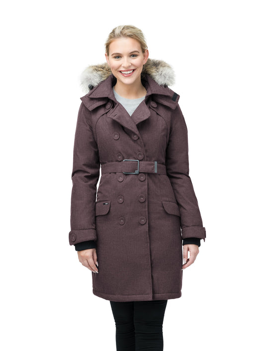 Women's down filled double breasted peacoat with a belted waist in H. Burgundy + H. Burgundy