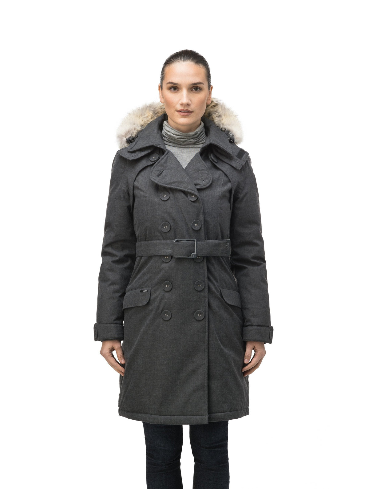 Women's down filled double breasted peacoat with a belted waist in Heather Charcoal