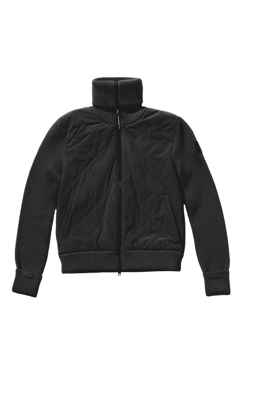 Ada Ladies Quilted Full Zip Sweater in hip length, PrimaLoft Gold Insulation Active+, Durable 4-Way Stretch Weave quilted torso, Merino wool knit collar, sleeves, back, and cuffs, two-way front zipper, and hidden waist pockets, in Black + Black