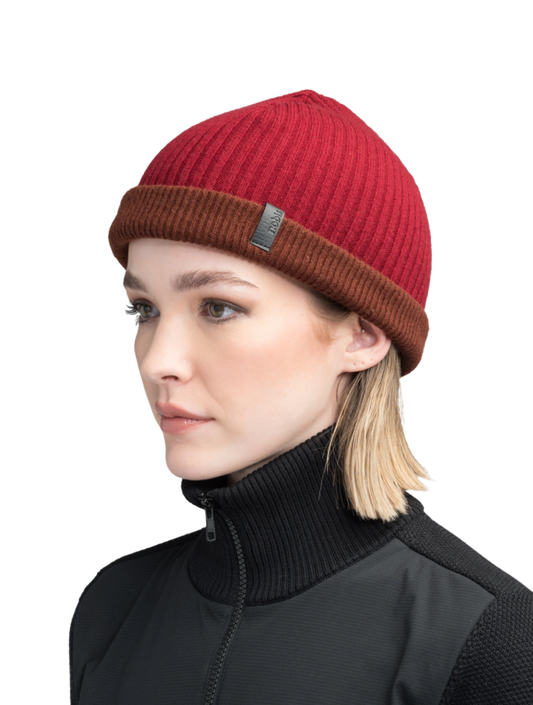Ardn Unisex Tailored Reversible Knit Beanie in an extra fine merino wool blend, fitted rib knit, and reversible design, in Potent Purple/Rio Red + Potent Purple/Rio Red