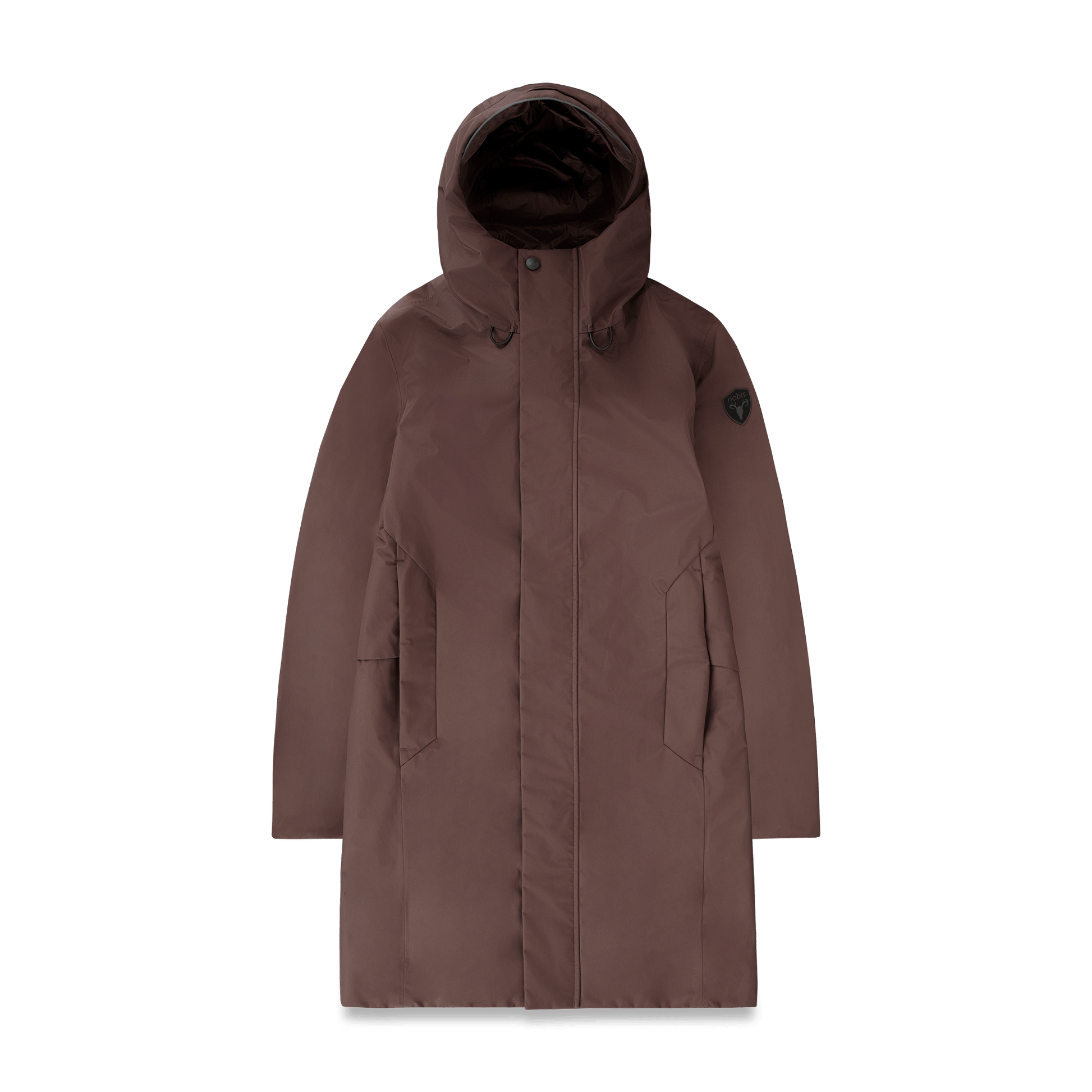 Upton long jacket in Coffee Bean in 3-ply Micro Denier fabric with DWR coating, featuring a two-way zipper with magnetic closure, hidden mesh ventilation, and underarm vents. Designed for weather protection and tailored comfort.