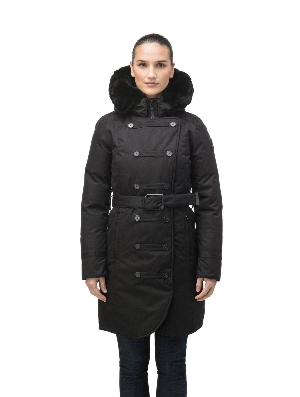 Women's down filled calf length parka with belted waist, and removable Rex Rabbit fur collar in Black