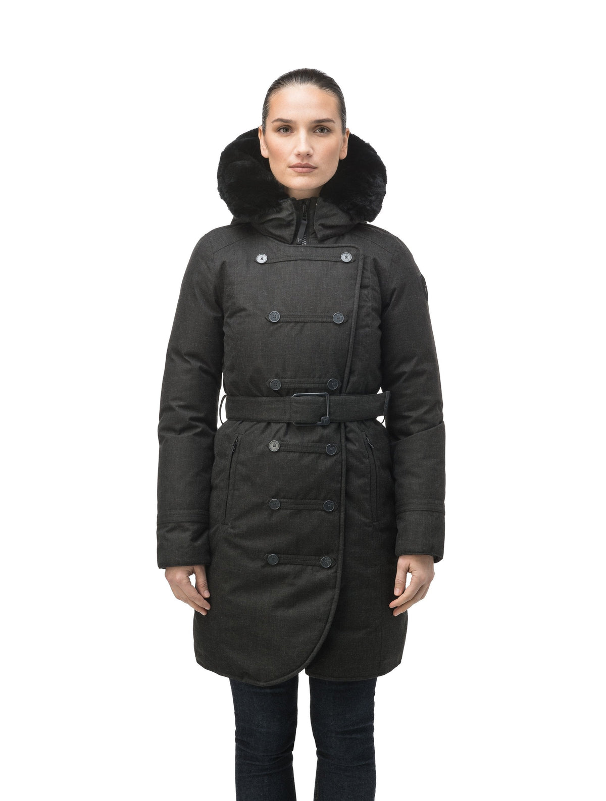 Women's down filled calf length parka with belted waist, and removable Rex Rabbit fur collar in Heather Black