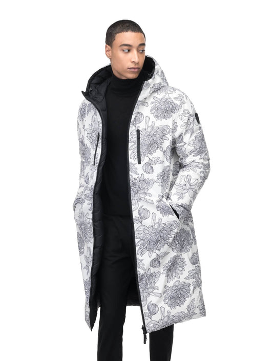 Men's knee length reversible down-filled parka with non-removable hood in White Floral Print + White Floral