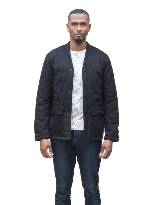 Men's waist length raincoat with a magnetic placket and top button detail in Black + Black