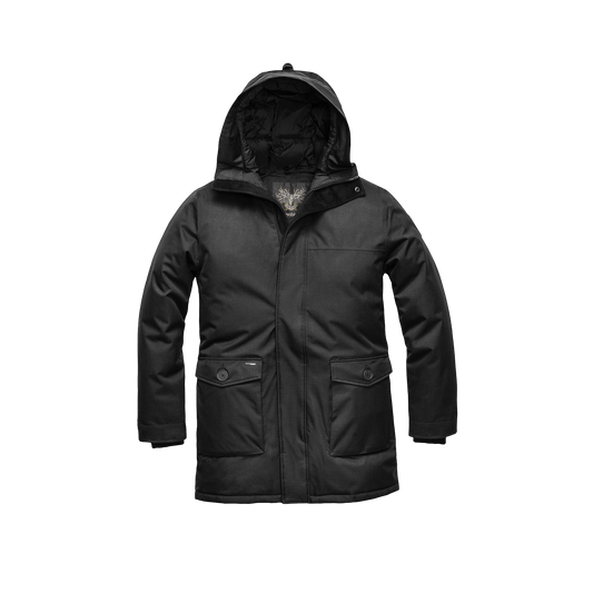 Yves Furless Men's Parka in thigh length, Canadian white duck down insulation, non-removable down-filled hood, flap pockets at waist, centre-front two-way zipper with magnetic wind flap, and elastic ribbed cuffs, in Black + Black