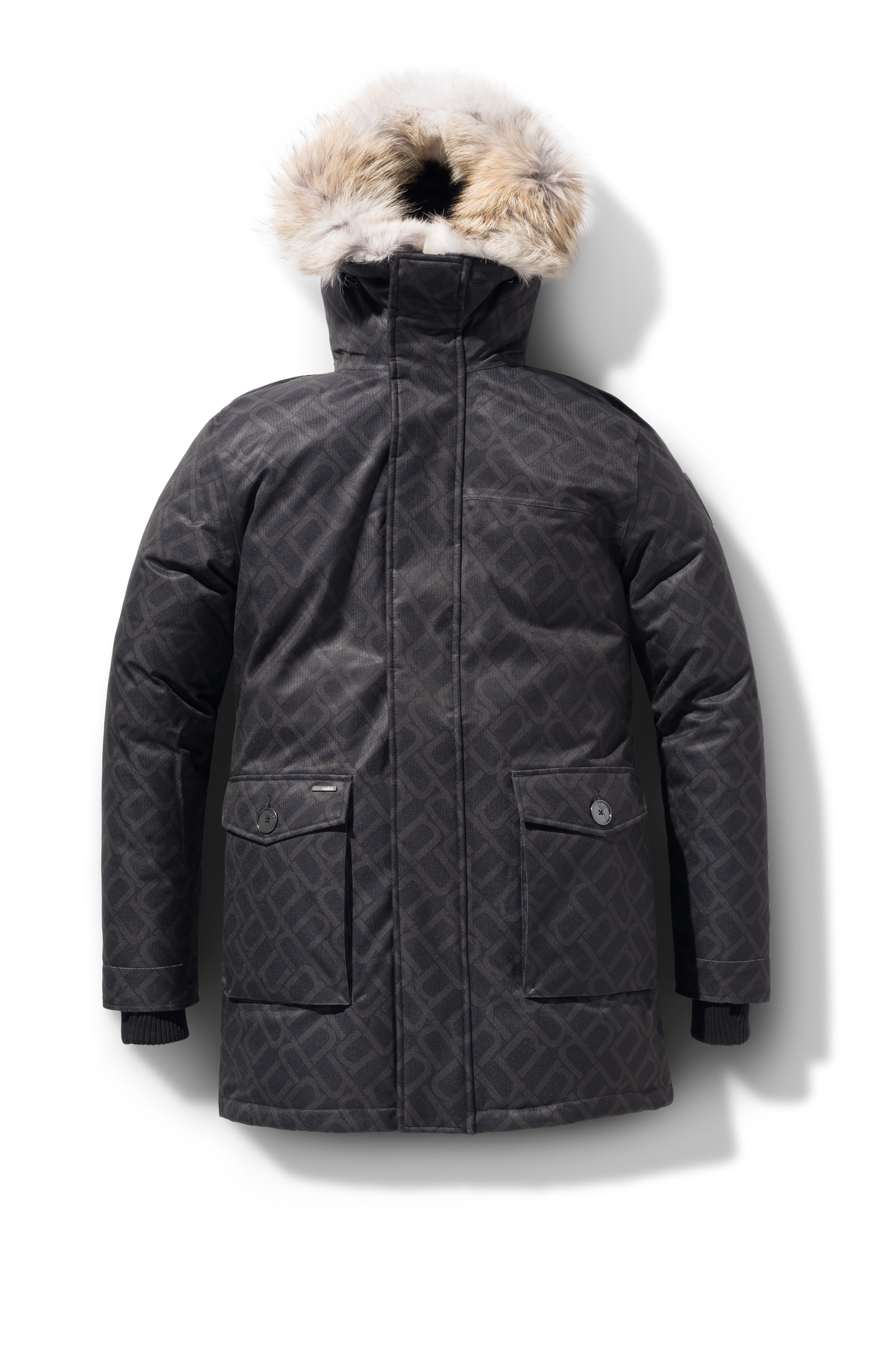 Men's slim fitting waist length parka with removable fur trim on the hood and two waist patch pockets in Dark Monogram