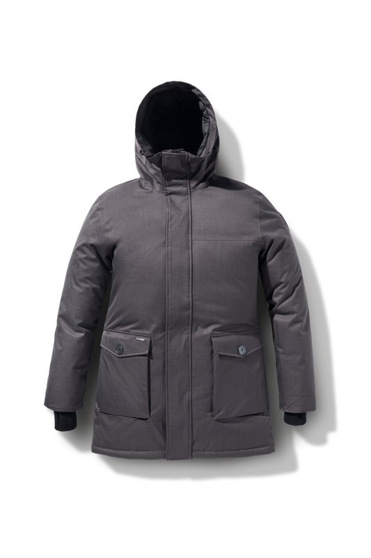 Yves Furless Men's Parka in thigh length, Canadian white duck down insulation, non-removable down-filled hood, flap pockets at waist, centre-front two-way zipper with magnetic wind flap, and elastic ribbed cuffs, in CH Steel Grey + Steel Grey
