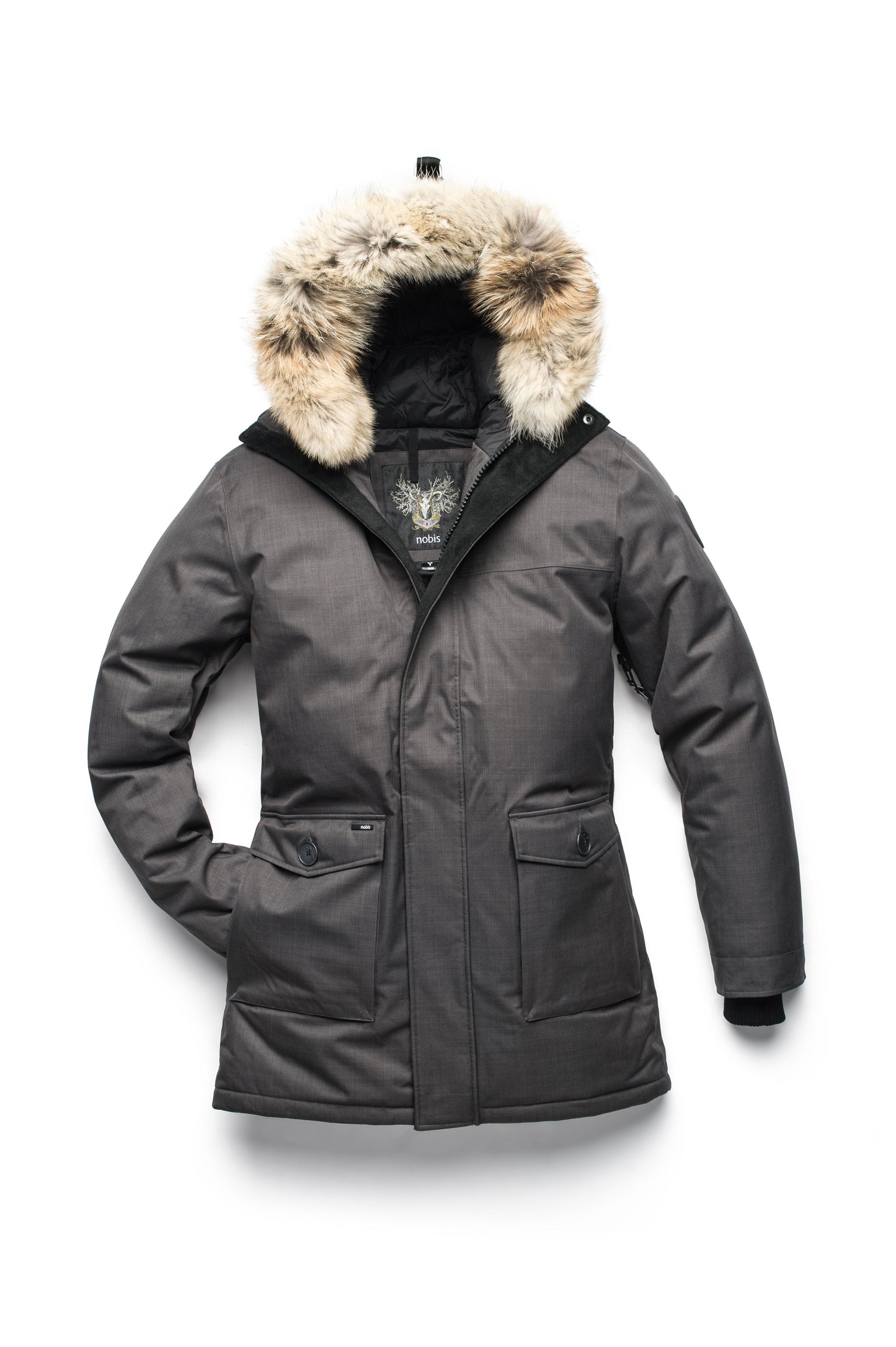 Men's slim fitting waist length parka with removable fur trim on the hood and two waist patch pockets in CH Steel Grey