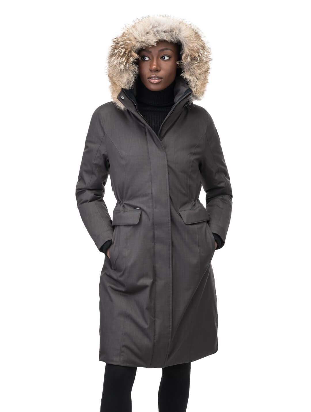 Zenith Ladies Knee Length Parka in knee length, Canadian duck down insulation, removable hood with removable fur ruff trim, and two-way front zipper, in Steel Grey