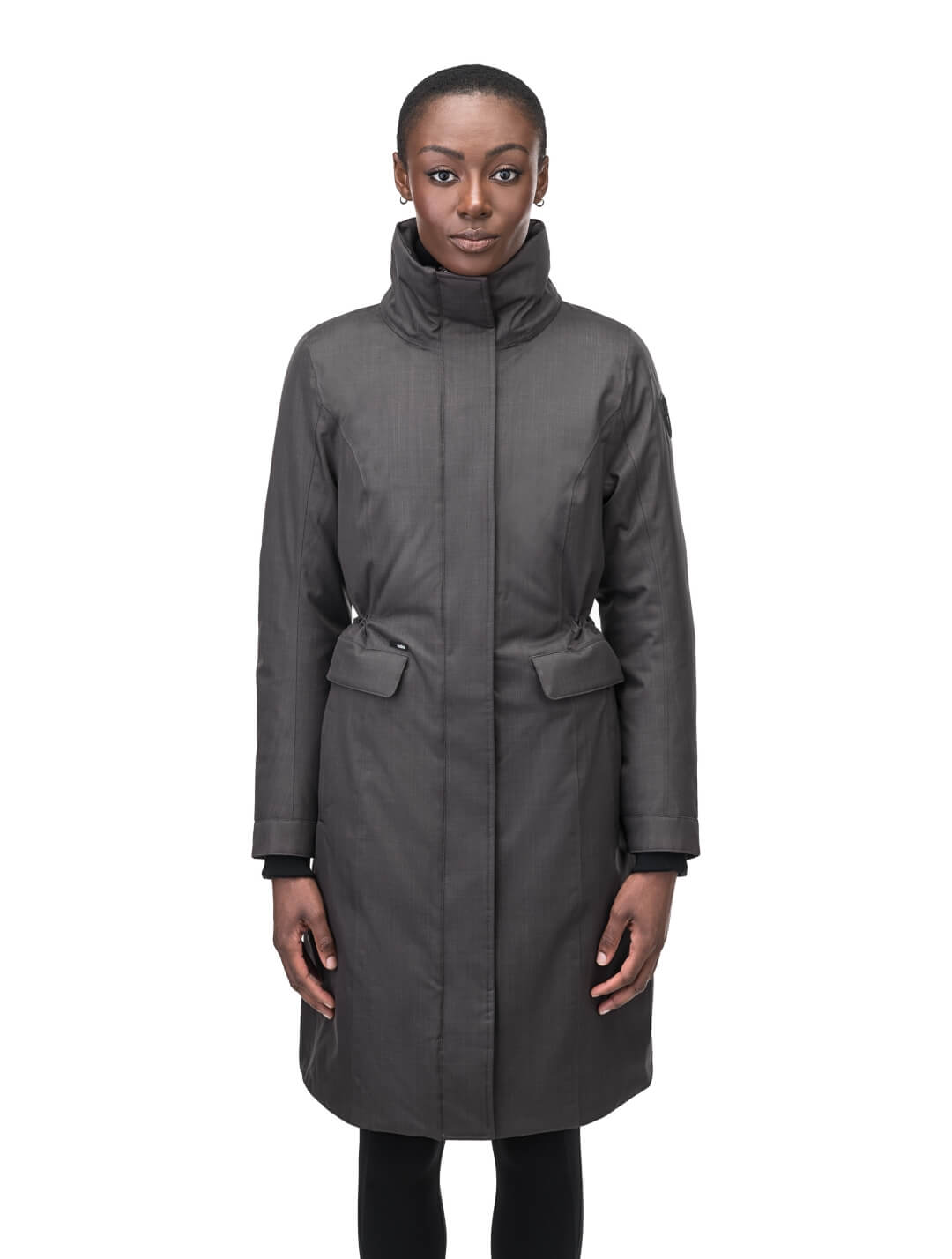 Zenith Ladies Knee Length Parka in knee length, Canadian duck down insulation, removable hood with removable fur ruff trim, and two-way front zipper, in Steel Grey
