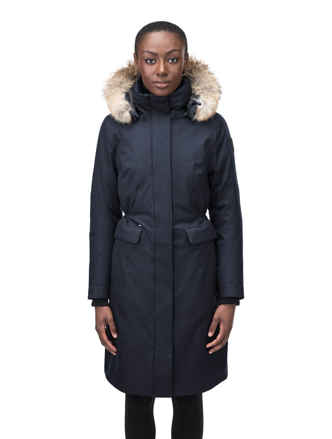 Zenith Ladies Knee Length Parka in knee length, Canadian duck down insulation, removable hood with removable fur ruff trim, and two-way front zipper, in Navy