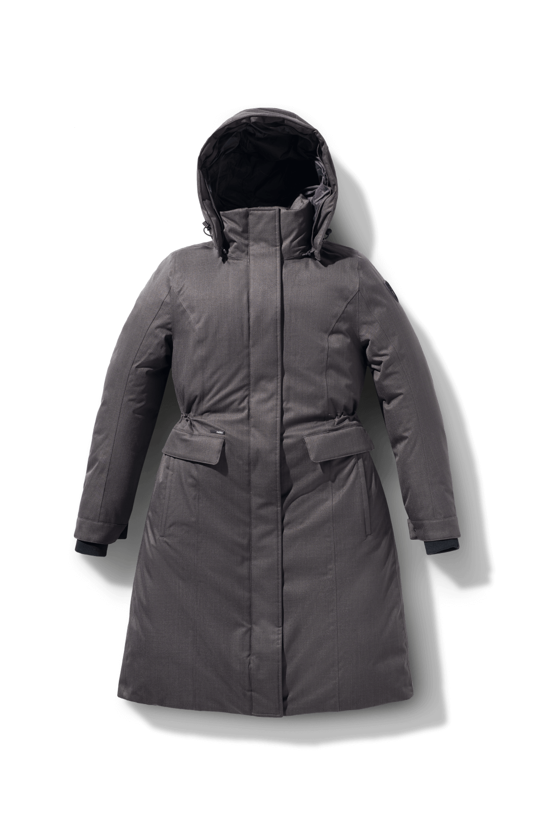Zenith Ladies Knee Length Parka in knee length, Canadian duck down insulation, removable hood with removable fur ruff trim, and two-way front zipper, in Steel Grey