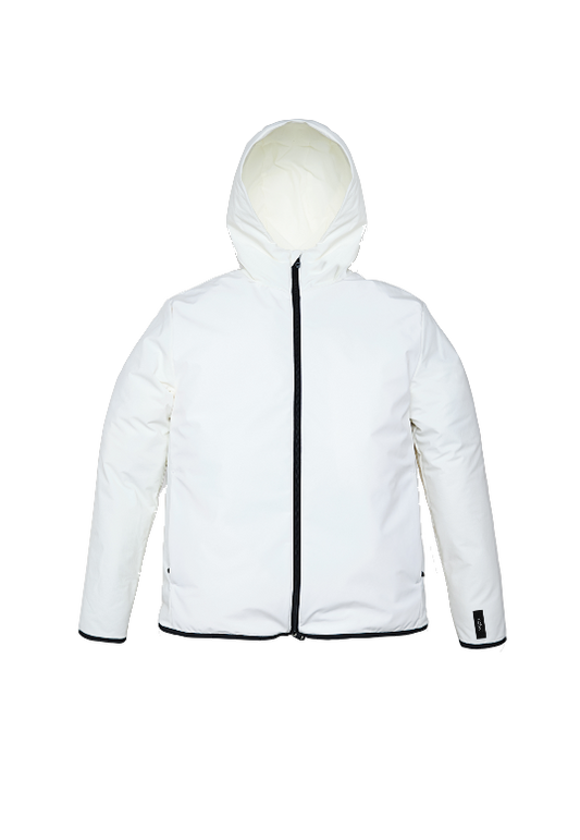 Men's hip length mid layer jacket with non-removable hood and two-way zipper in Chalk + Chalk