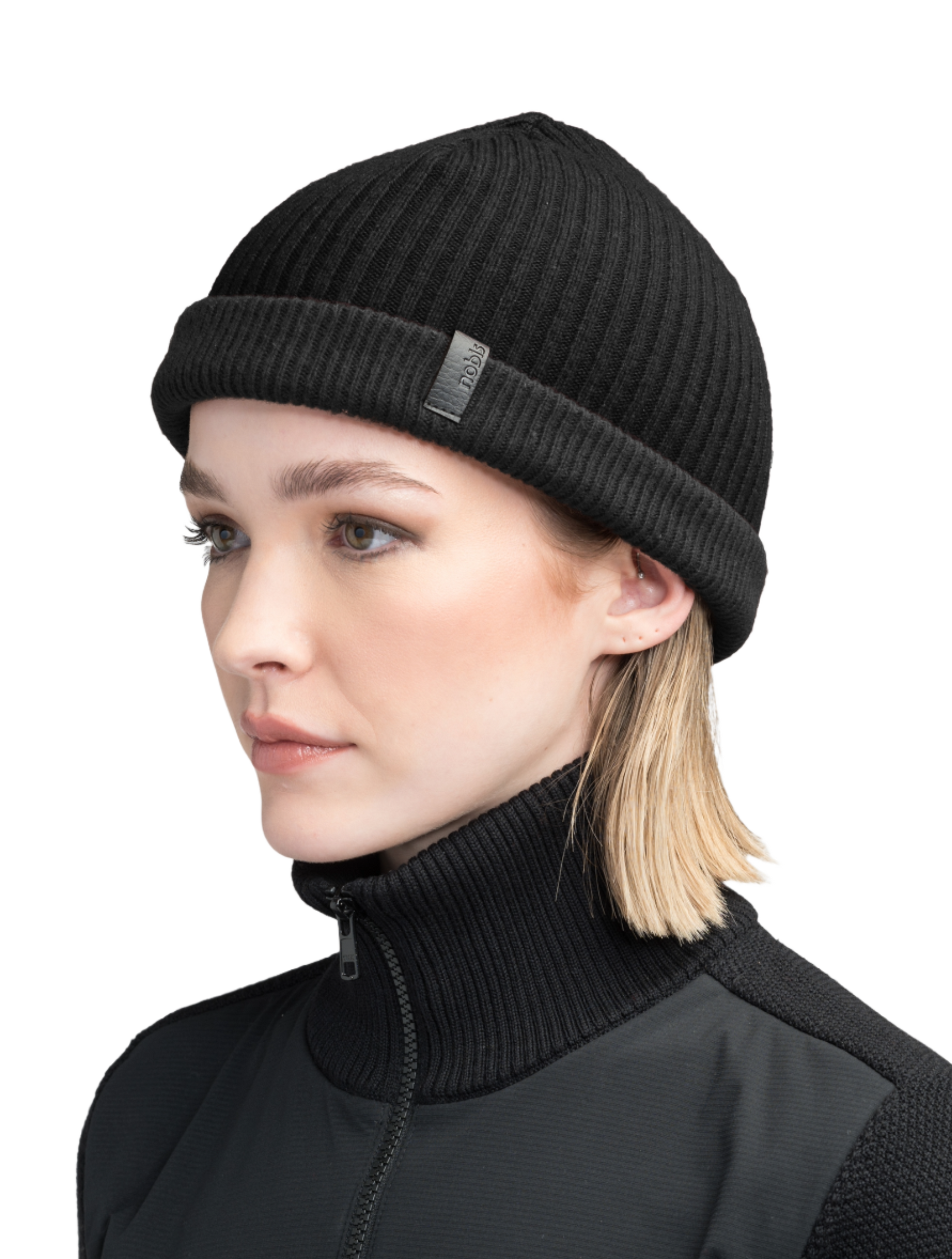 Ardn Unisex Tailored Reversible Knit Beanie in an extra fine merino wool blend, fitted rib knit, and reversible design, in Black