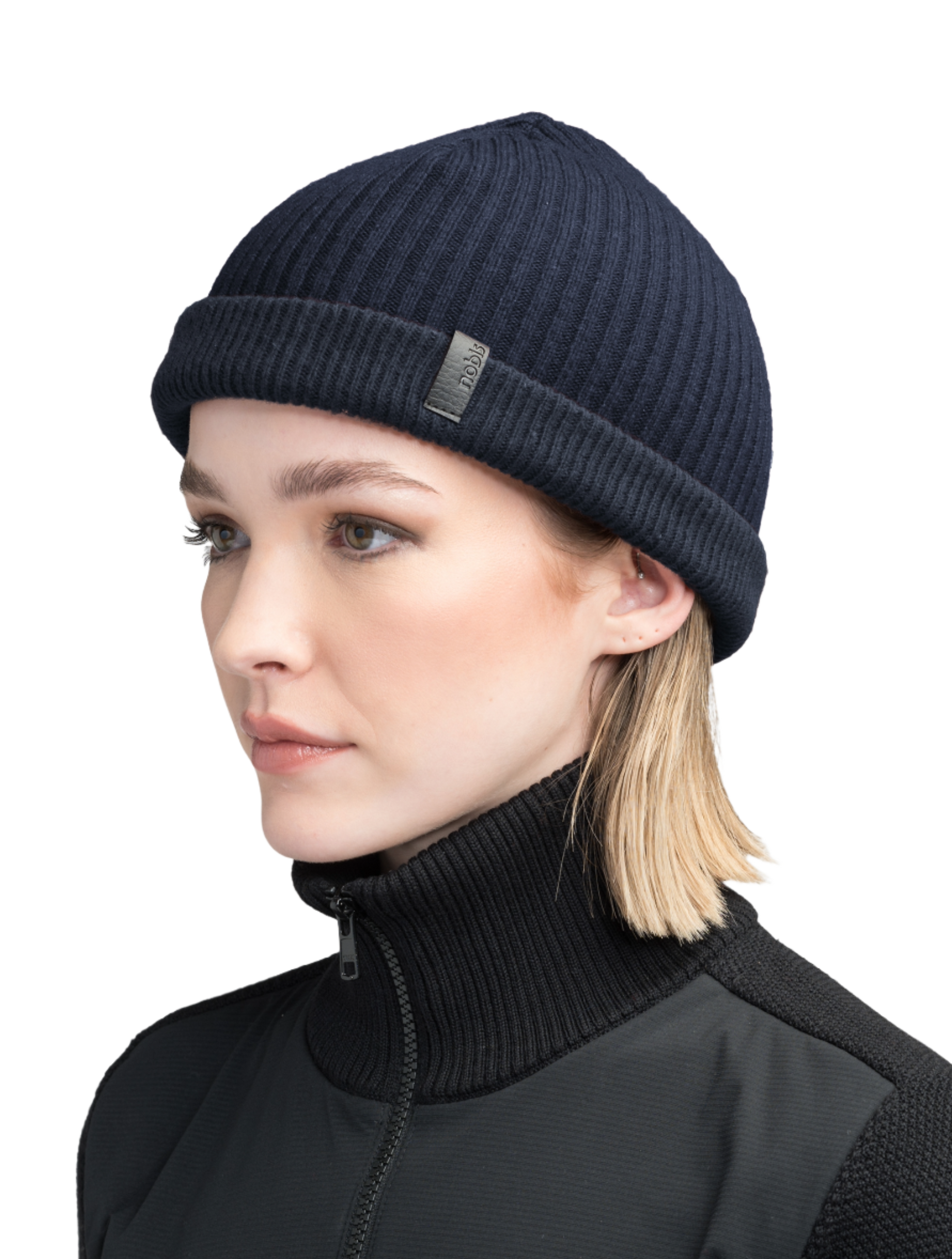 Ardn Unisex Tailored Reversible Knit Beanie in an extra fine merino wool blend, fitted rib knit, and reversible design, in Navy/Wheat