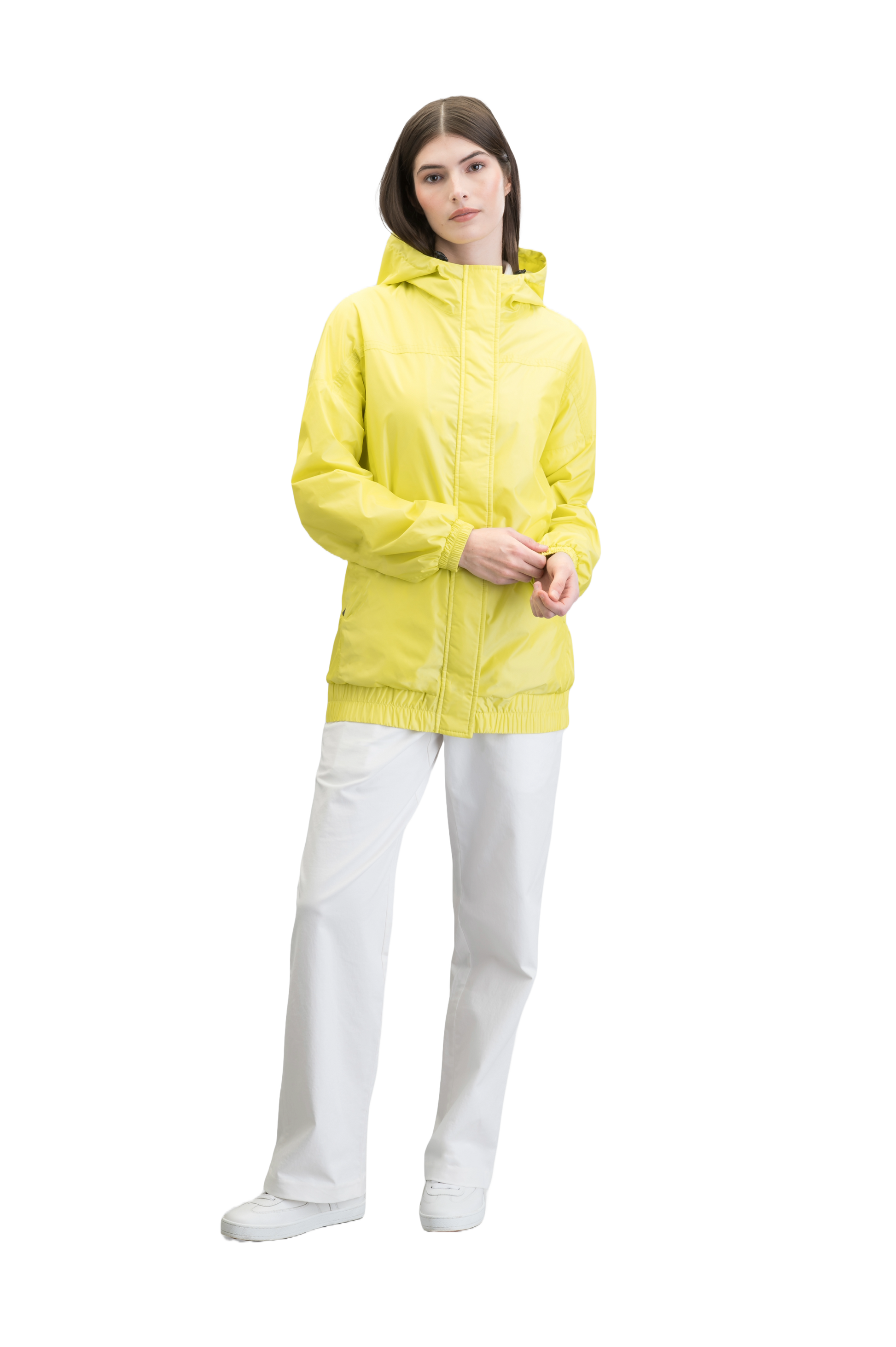 Hartley Women's Tailored Rain Jacket in hip length, two-way centre front zipper with wind flap, toggle adjustable cuffs and waist cord, non-removable hood, side entry waist pockets, in Sulphur Spring