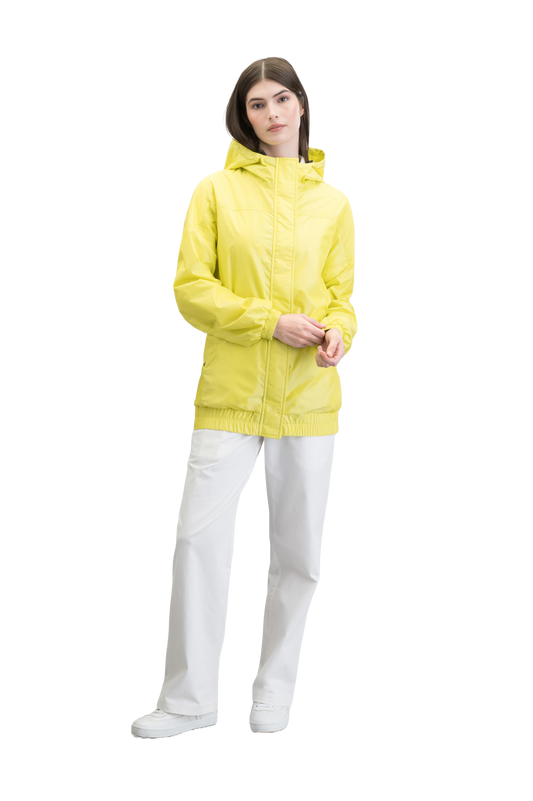 Hartley Women's Tailored Rain Jacket in hip length, two-way centre front zipper with wind flap, toggle adjustable cuffs and waist cord, non-removable hood, side entry waist pockets, in Sulphur Spring