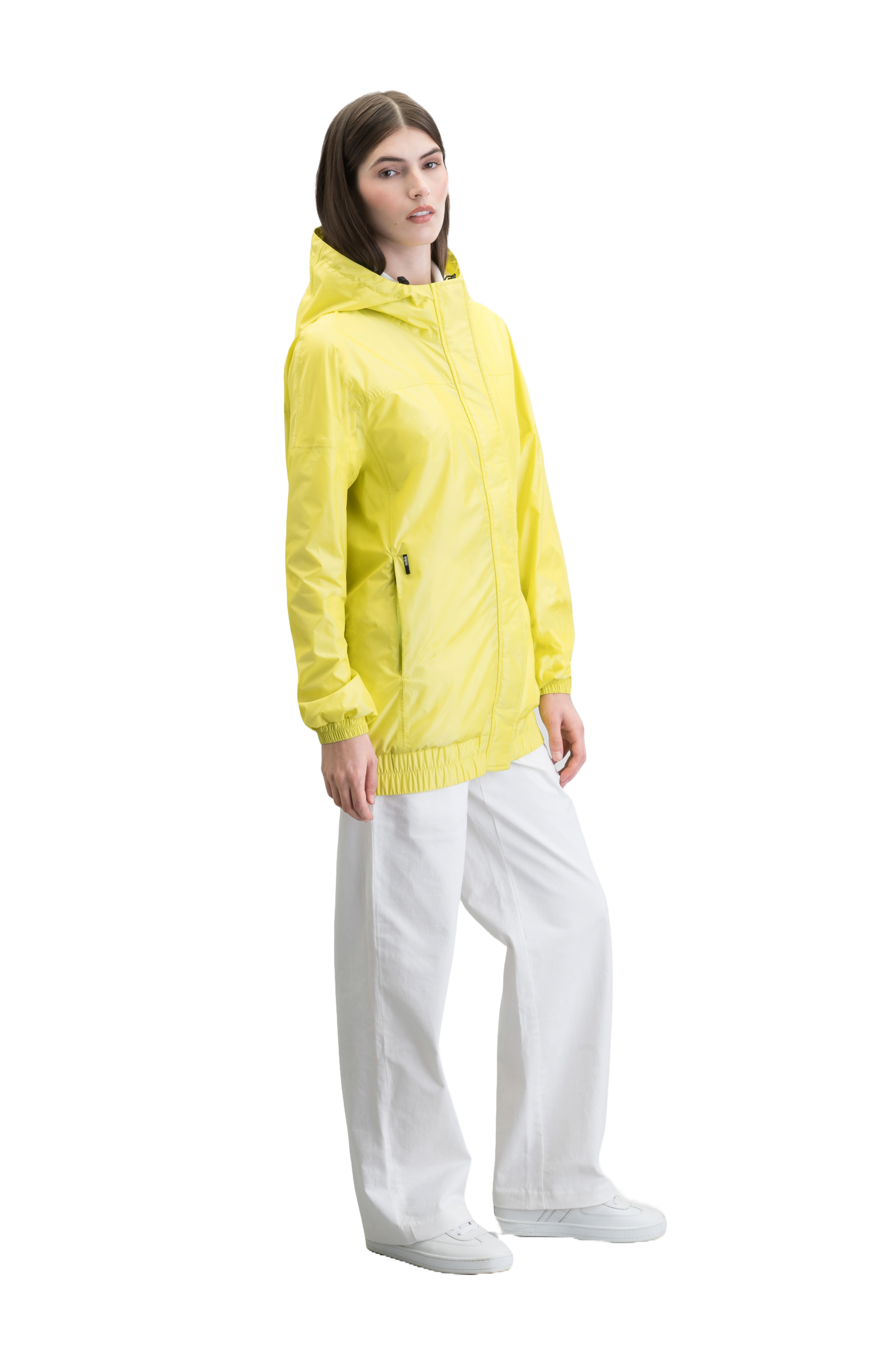 Hartley Women's Tailored Rain Jacket in hip length, two-way centre front zipper with wind flap, toggle adjustable cuffs and waist cord, non-removable hood, side entry waist pockets, in Sulphur Spring