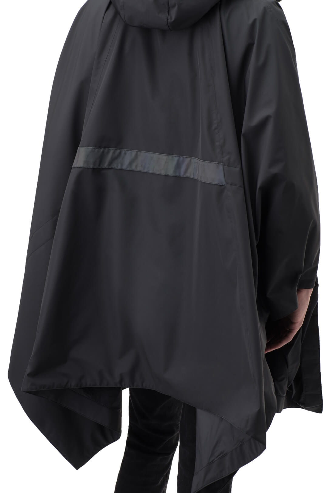 Hydra Unisex Performance Poncho in thigh length, non-removable hood, vertical half-zipper along centre front collar, hidden side-entry waist zipper pockets, adjustable webbing straps and snap closure cuffs, and packable to front kangaroo pocket with flap opening, in Black