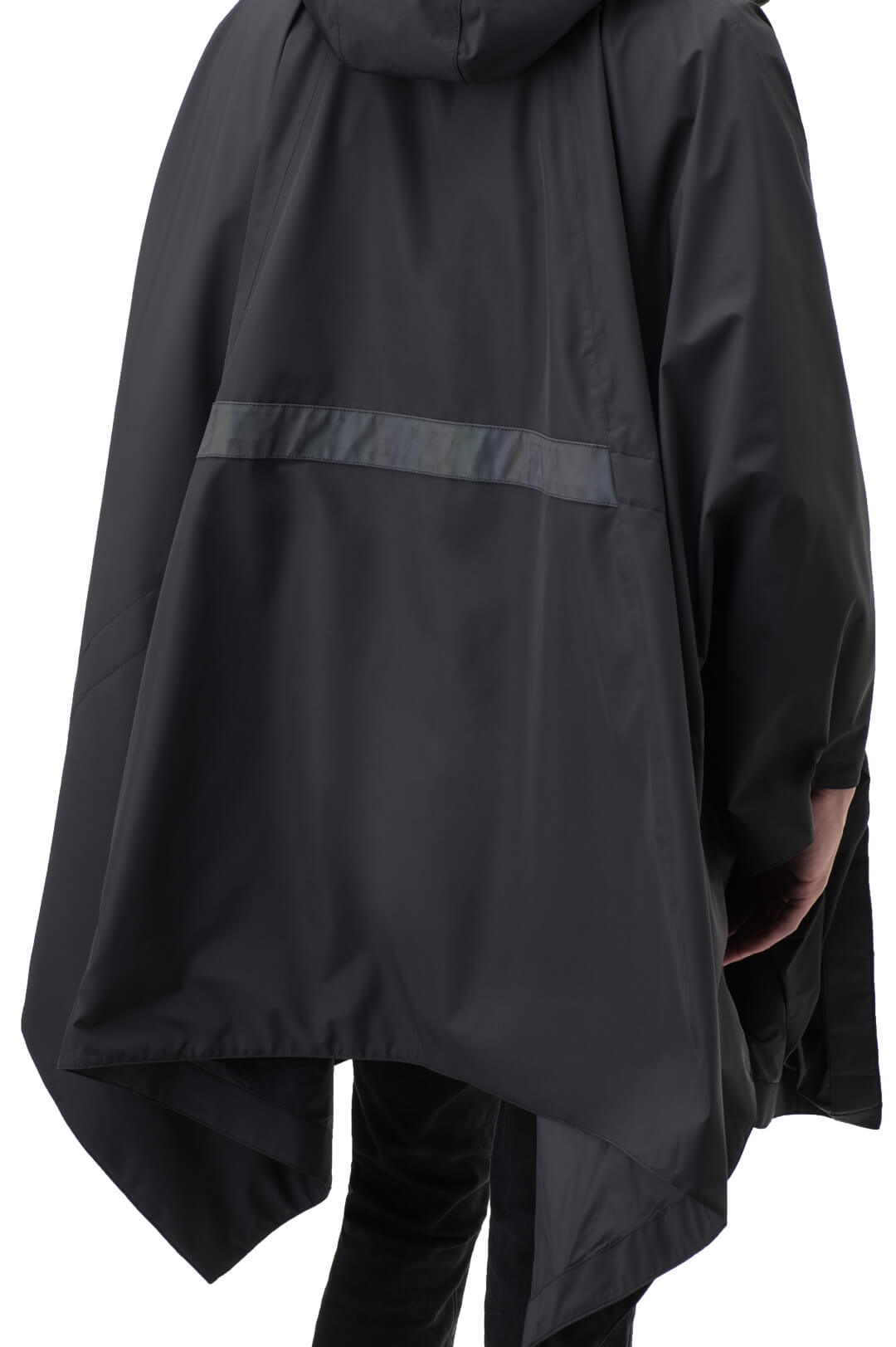 Hydra Unisex Performance Poncho in thigh length, non-removable hood, vertical half-zipper along centre front collar, hidden side-entry waist zipper pockets, adjustable webbing straps and snap closure cuffs, and packable to front kangaroo pocket with flap opening, in Black