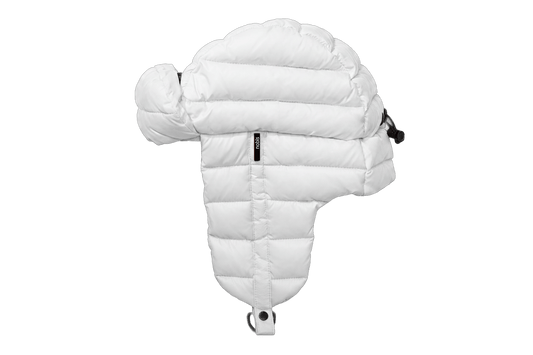 Unisex down-filled quilted fargo hat with adjustable chin strap in Chalk + Chalk