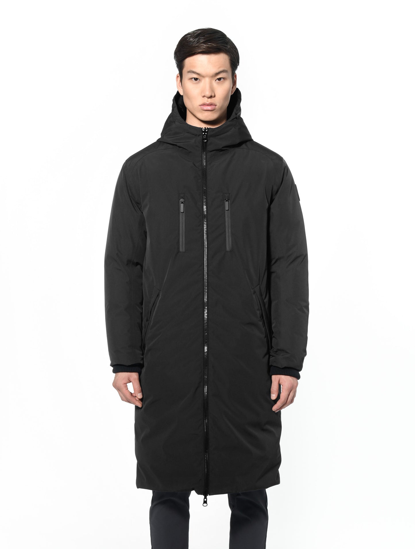 Men's knee length reversible down-filled parka with non-removable hood in Black