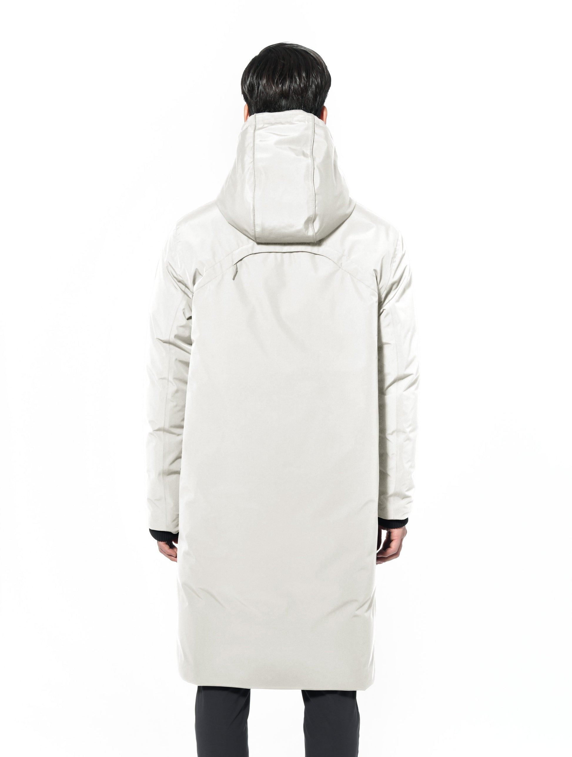 Men's knee length reversible down-filled parka with non-removable hood in Chalk