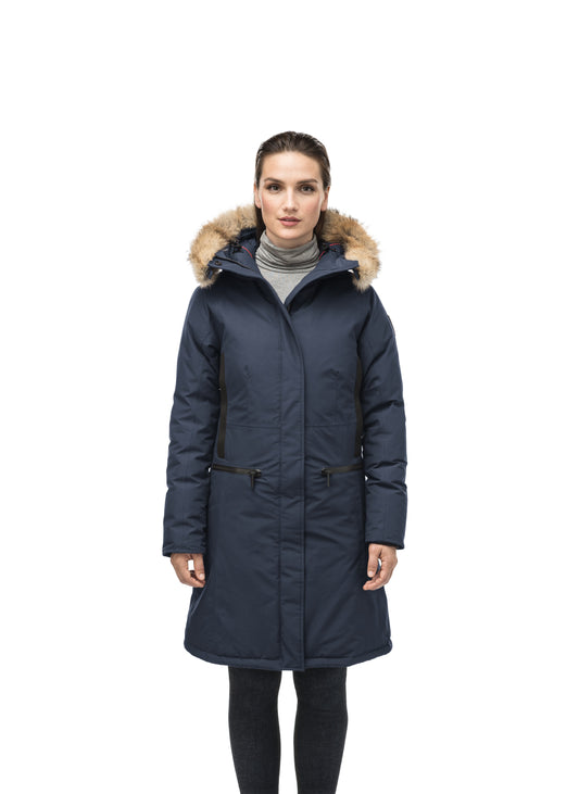 Knee length women's down filled parka with contrast ribbon accents and removable fur trim on the hood in Navy