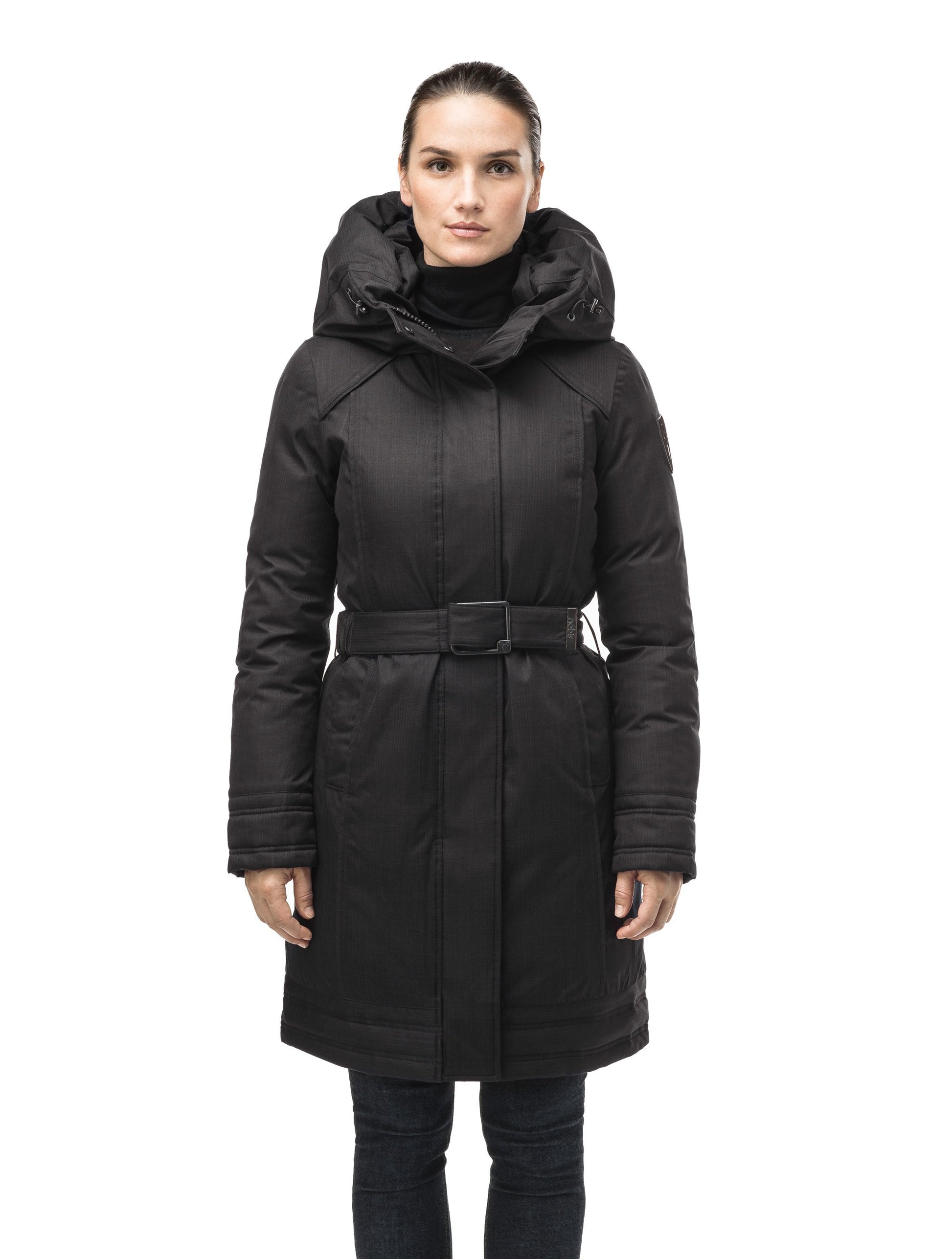 Women's Thigh length own parka with a furless oversized hood in CH Black